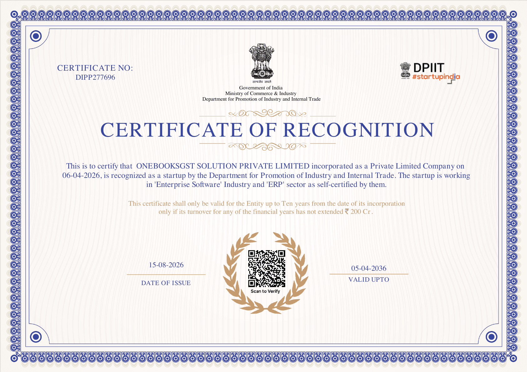 Startup India certificate of recognition for ONEBOOKSGST SOLUTION PRIVATE LIMITED