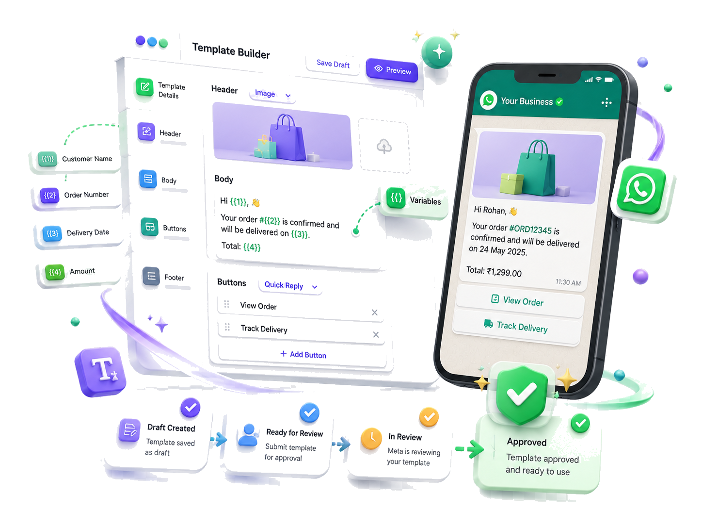 3D WhatsApp template builder and approval workflow